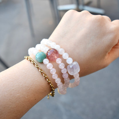 Natural Multi Gem Bracelet – Rose Quartz, Strawberry Quartz & Moonstone