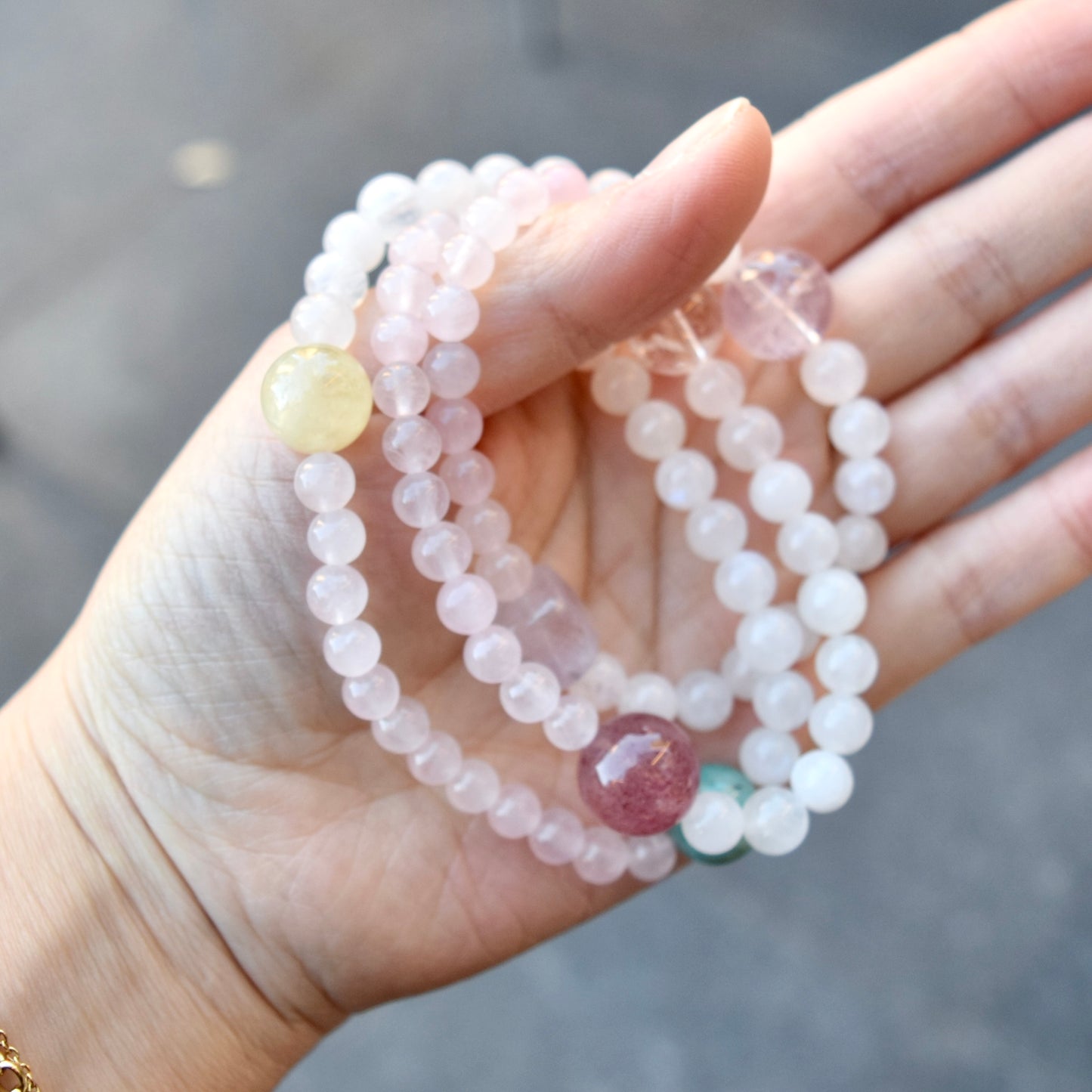 Natural Multi Gem Bracelet – Rose Quartz, Strawberry Quartz & Moonstone