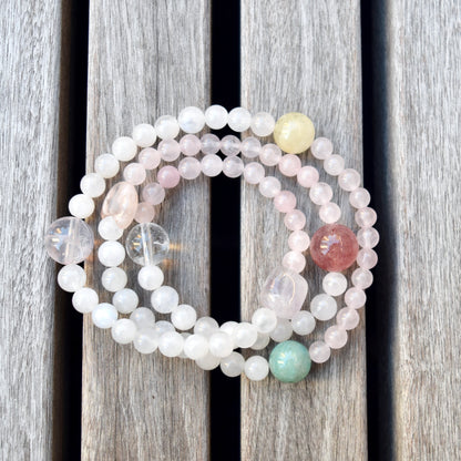 Natural Multi Gem Bracelet – Rose Quartz, Strawberry Quartz & Moonstone