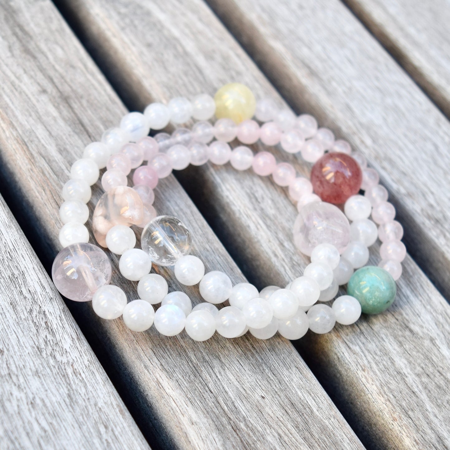 Natural Multi Gem Bracelet – Rose Quartz, Strawberry Quartz & Moonstone