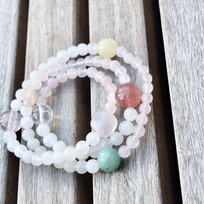 Natural Multi Gem Bracelet – Rose Quartz, Strawberry Quartz & Moonstone
