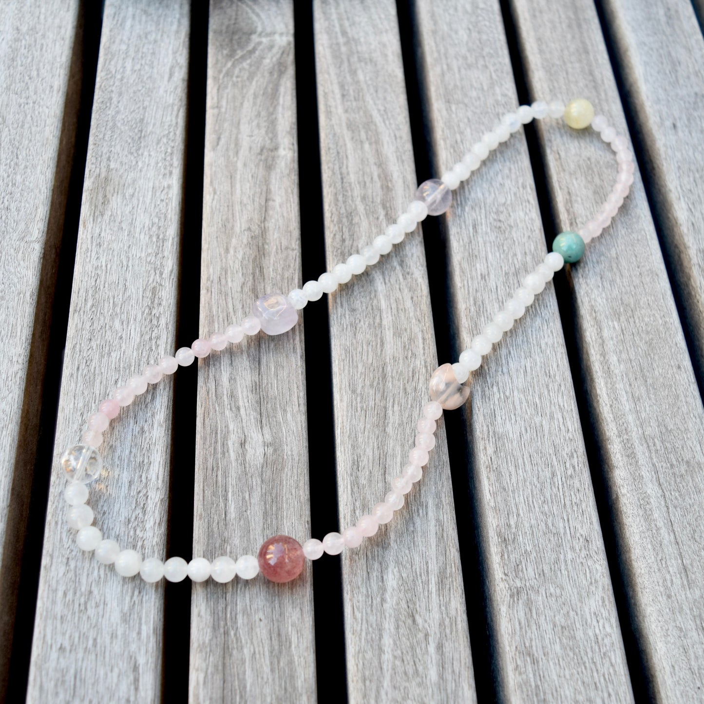 Natural Multi Gem Bracelet – Rose Quartz, Strawberry Quartz & Moonstone