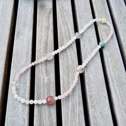 Natural Multi Gem Bracelet – Rose Quartz, Strawberry Quartz & Moonstone