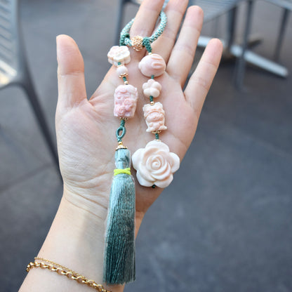 Fairy & Flower Conch Shell Tassel Bag Charm: Pink Carved Pendant Accessory