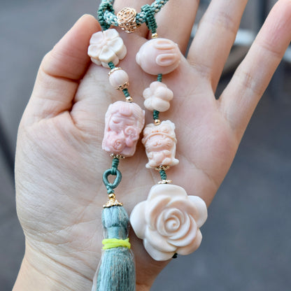 Fairy & Flower Conch Shell Tassel Bag Charm: Pink Carved Pendant Accessory