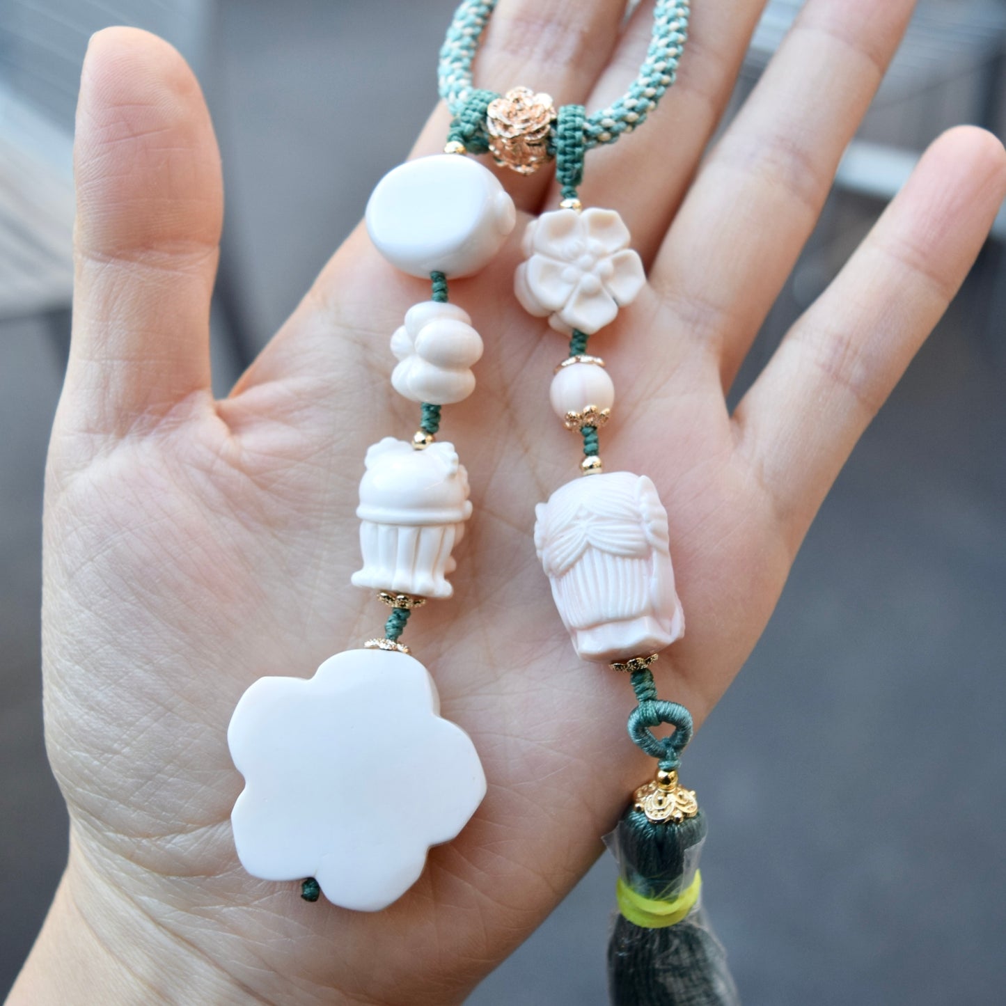 Fairy & Flower Conch Shell Tassel Bag Charm: Pink Carved Pendant Accessory