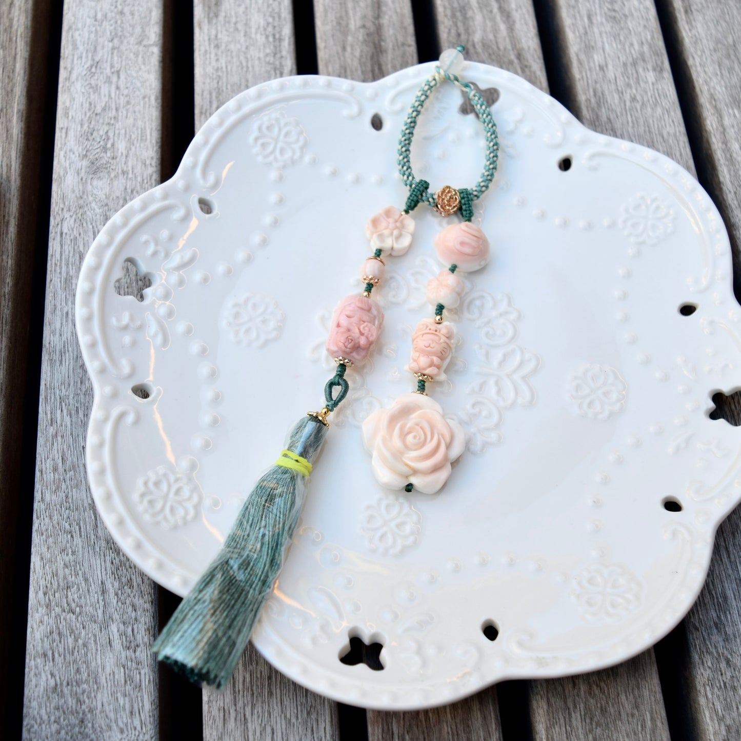 Fairy & Flower Conch Shell Tassel Bag Charm: Pink Carved Pendant Accessory