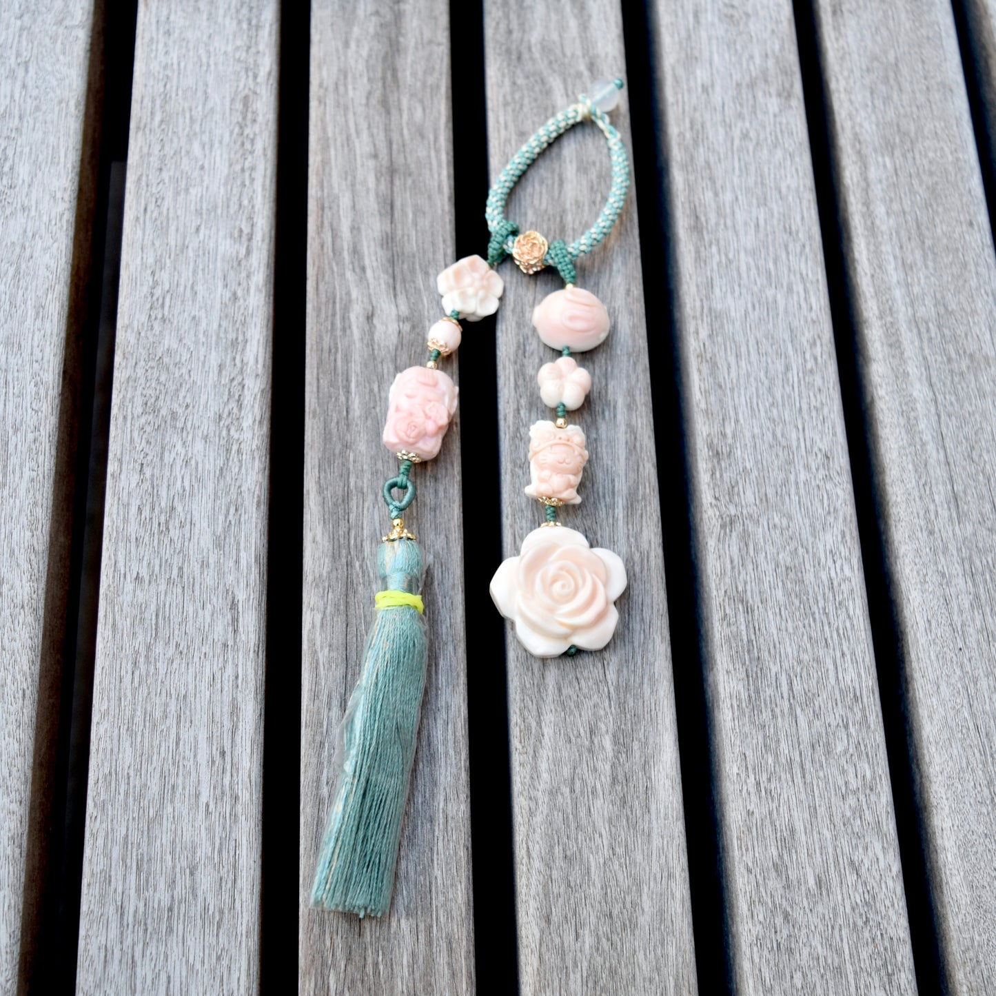 Fairy & Flower Conch Shell Tassel Bag Charm: Pink Carved Pendant Accessory