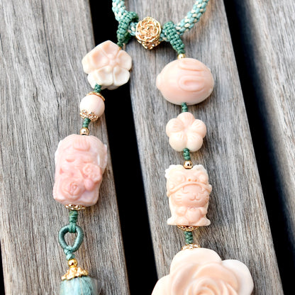 Fairy & Flower Conch Shell Tassel Bag Charm: Pink Carved Pendant Accessory