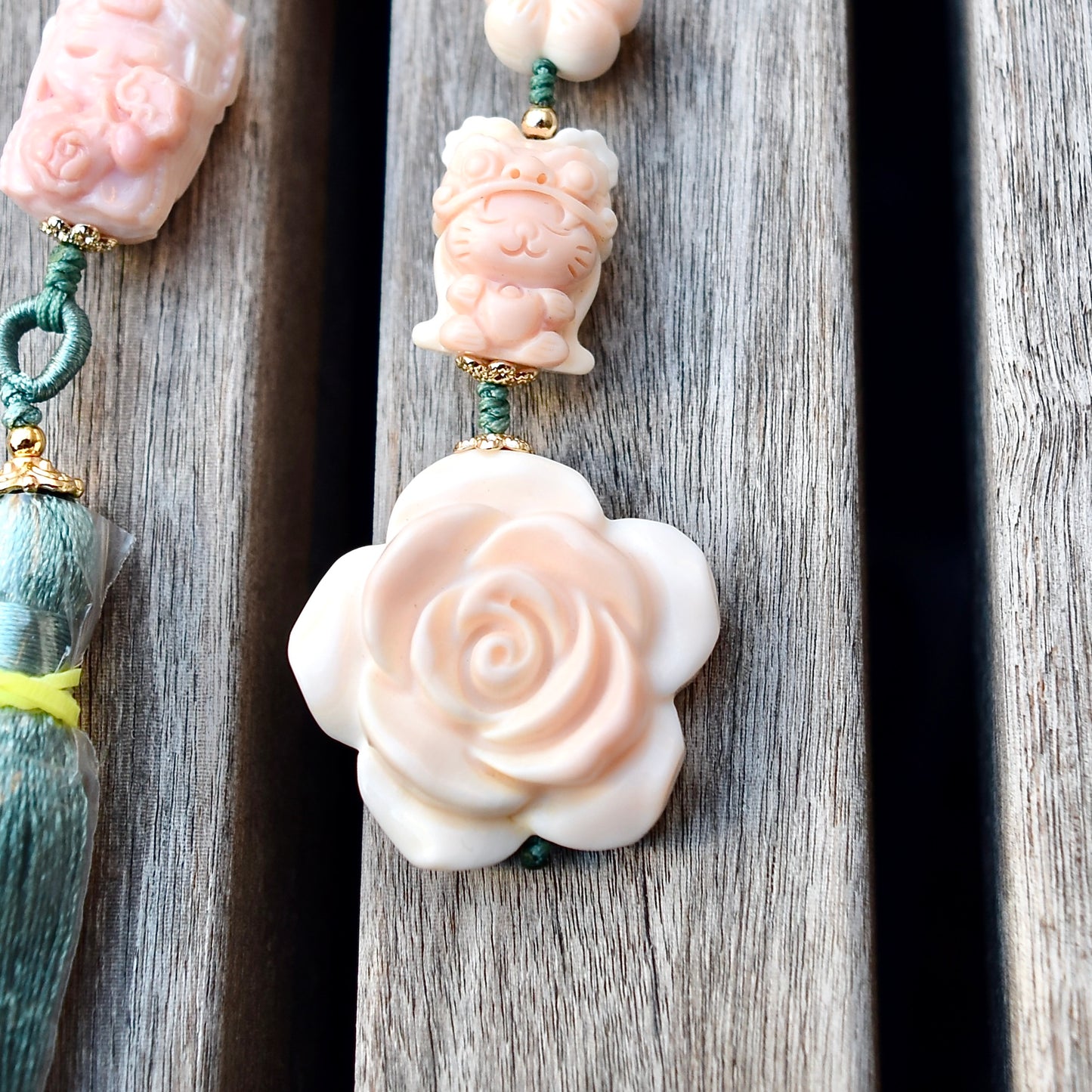 Fairy & Flower Conch Shell Tassel Bag Charm: Pink Carved Pendant Accessory
