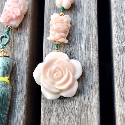 Fairy & Flower Conch Shell Tassel Bag Charm: Pink Carved Pendant Accessory