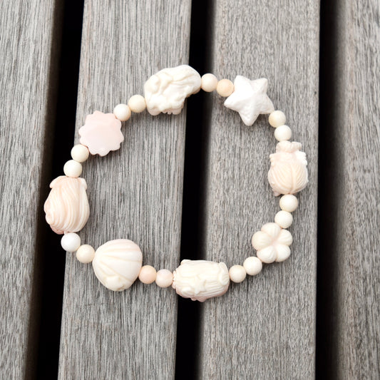 4 Mermaid Charms Pink Queen Conch Shell Beaded Bracelet - Ocean Themed