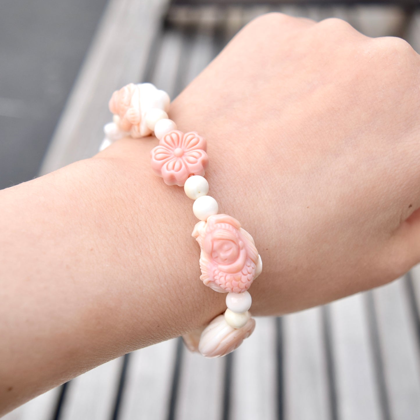 4 Mermaid Charms Pink Queen Conch Shell Beaded Bracelet - Ocean Themed