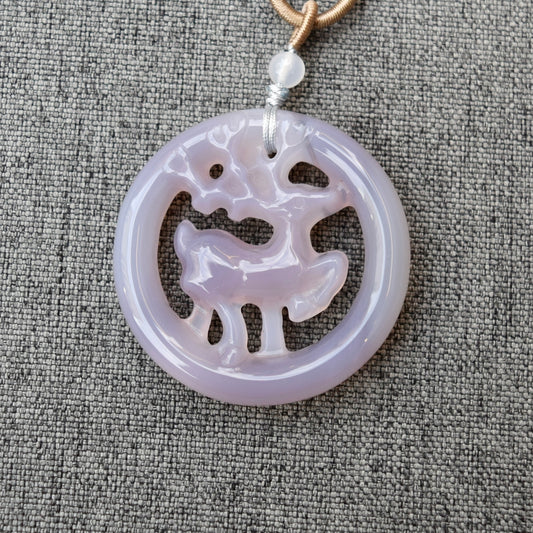 Deer Circle Pendant Rope Necklace - Gray Agate