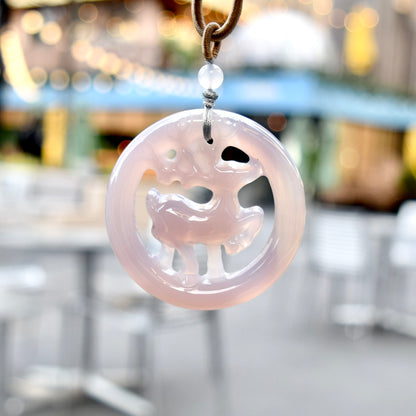 Deer Circle Pendant Rope Necklace - Gray Agate