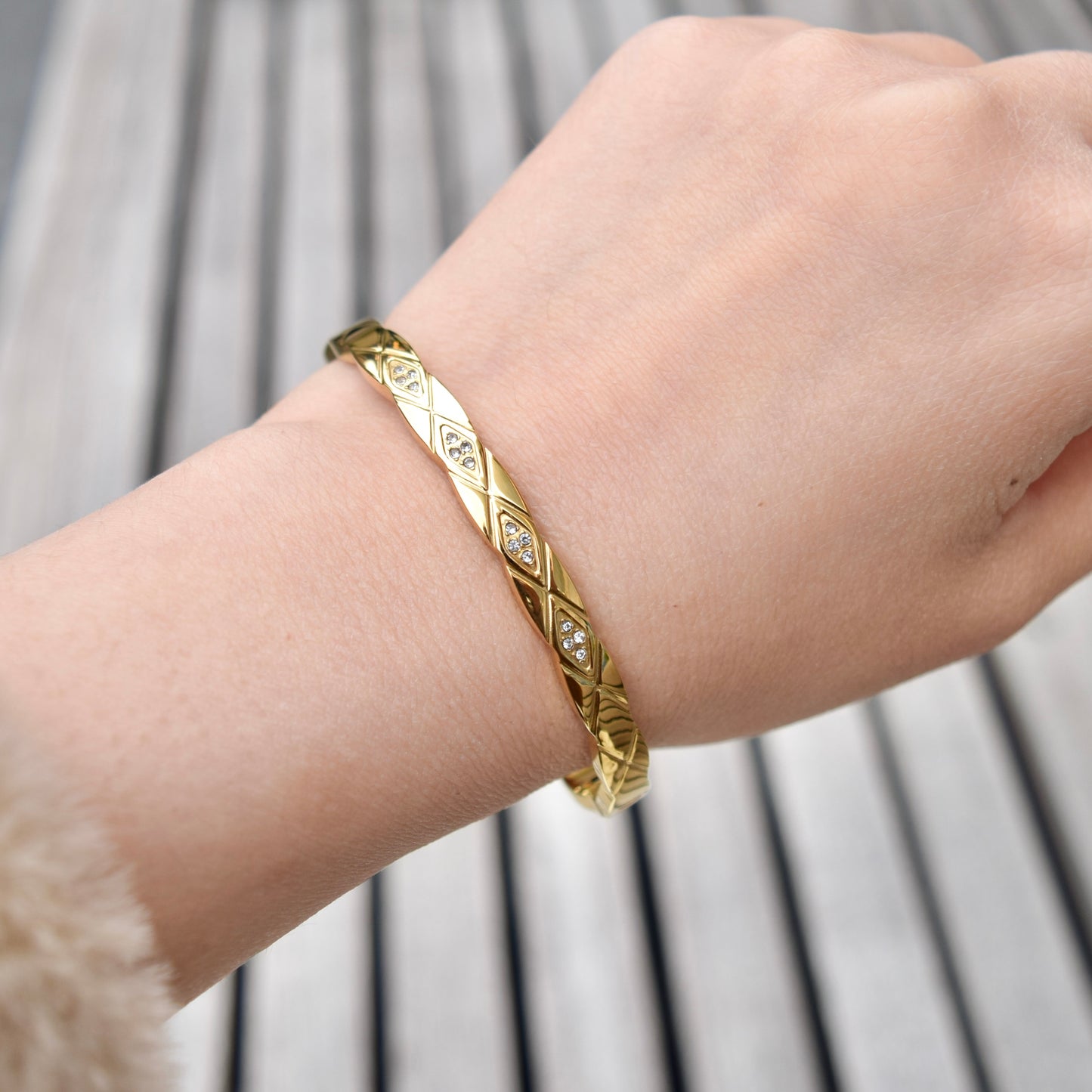 Golden Faceted Diamond Pattern Crystal Bangle - Stainless Steel CZ Diamond