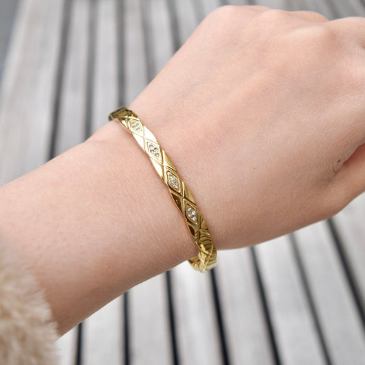 Golden Faceted Diamond Pattern Crystal Bangle - Stainless Steel CZ Diamond