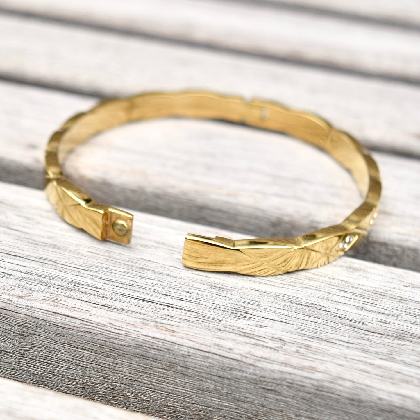 Golden Faceted Diamond Pattern Crystal Bangle - Stainless Steel CZ Diamond