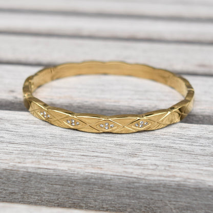 Golden Faceted Diamond Pattern Crystal Bangle - Stainless Steel CZ Diamond