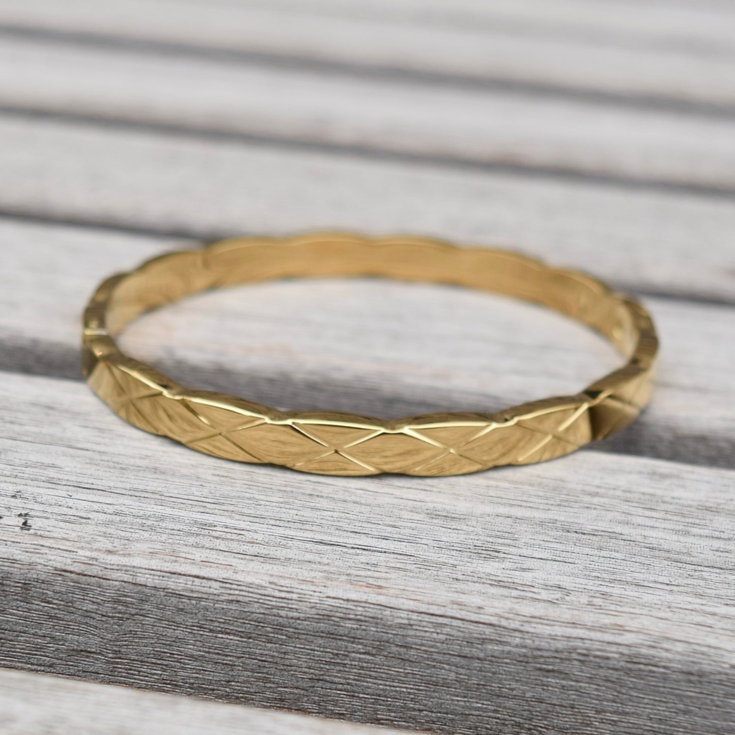 Golden Faceted Diamond Pattern Crystal Bangle - Stainless Steel CZ Diamond