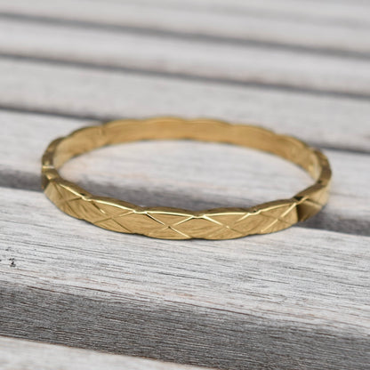 Golden Faceted Diamond Pattern Crystal Bangle - Stainless Steel CZ Diamond