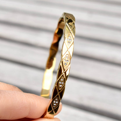 Golden Faceted Diamond Pattern Crystal Bangle - Stainless Steel CZ Diamond