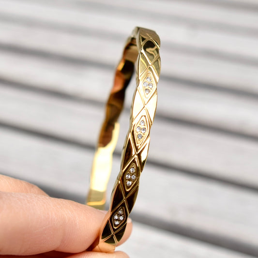 Golden Faceted Diamond Pattern Crystal Bangle - Stainless Steel CZ Diamond