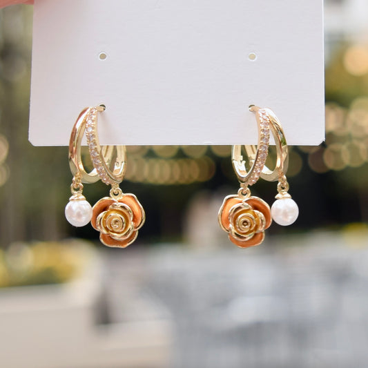 Drip Oil Brown Flower Pearl Circle Earrings