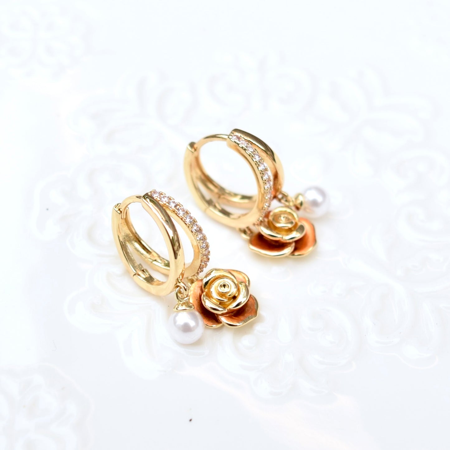 Drip Oil Brown Flower Pearl Circle Earrings