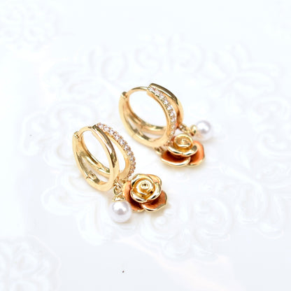 Drip Oil Brown Flower Pearl Circle Earrings