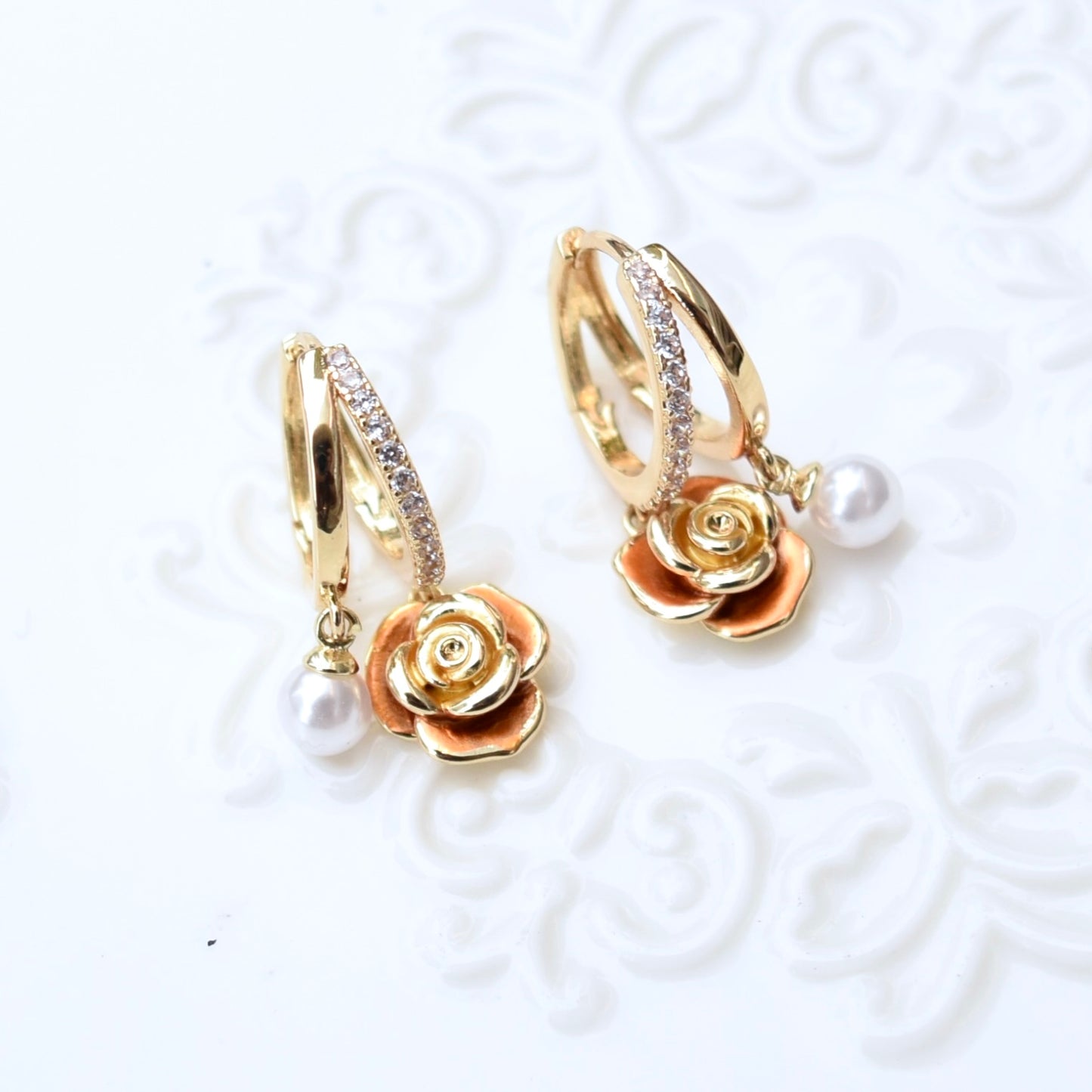 Drip Oil Brown Flower Pearl Circle Earrings