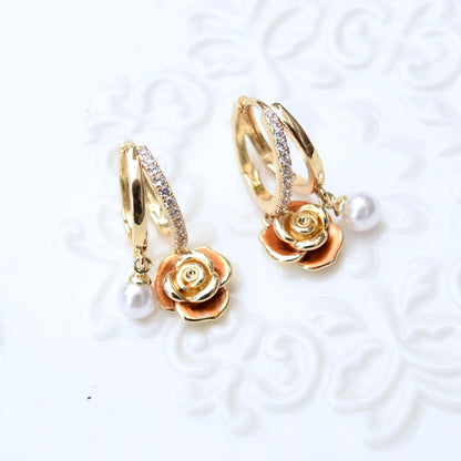 Drip Oil Brown Flower Pearl Circle Earrings
