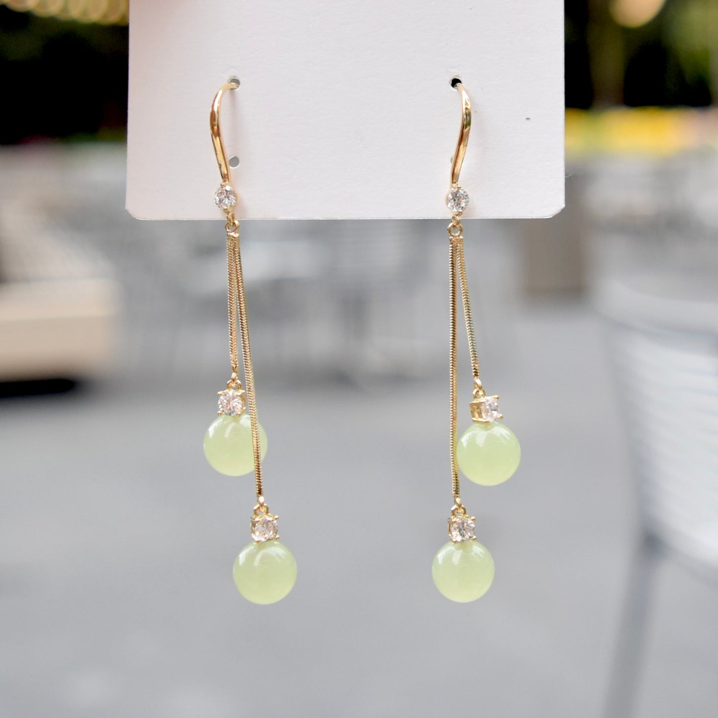 Green Bead Dangle Earrings - Jade Style Earrings