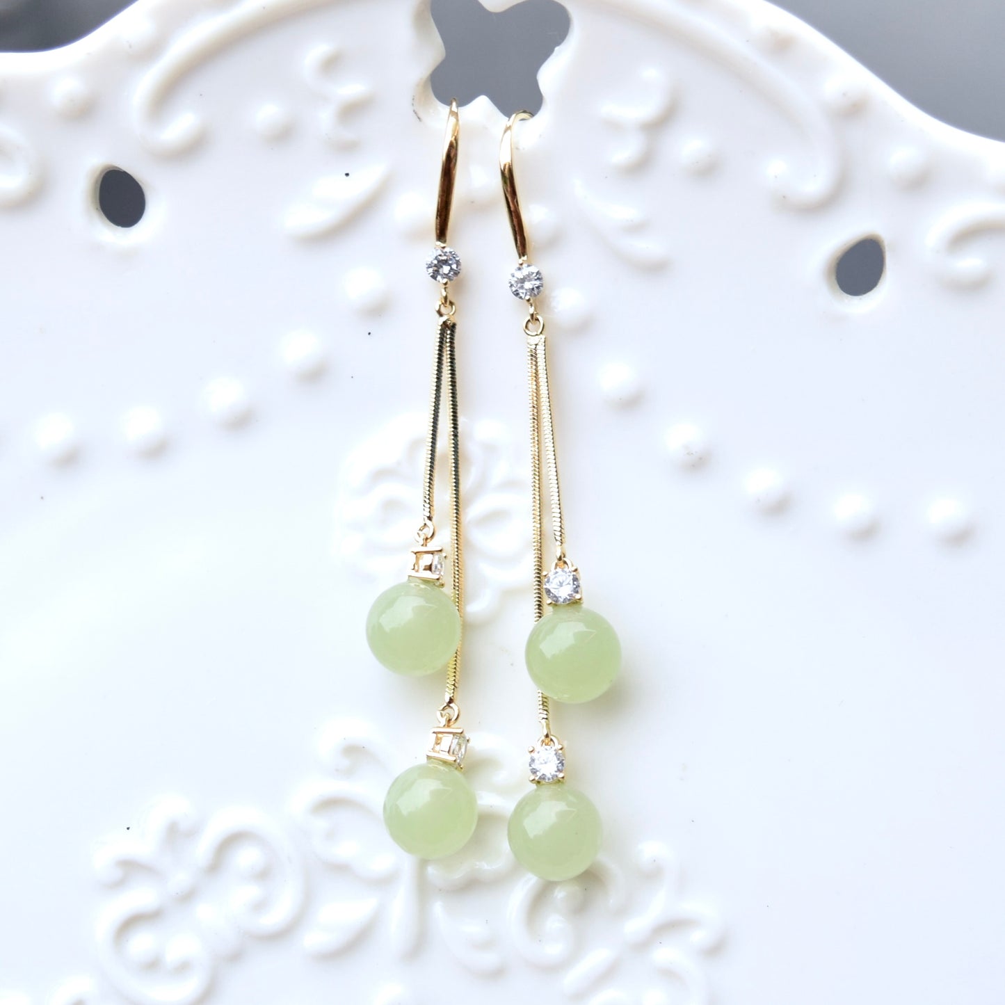 Green Bead Dangle Earrings - Jade Style Earrings