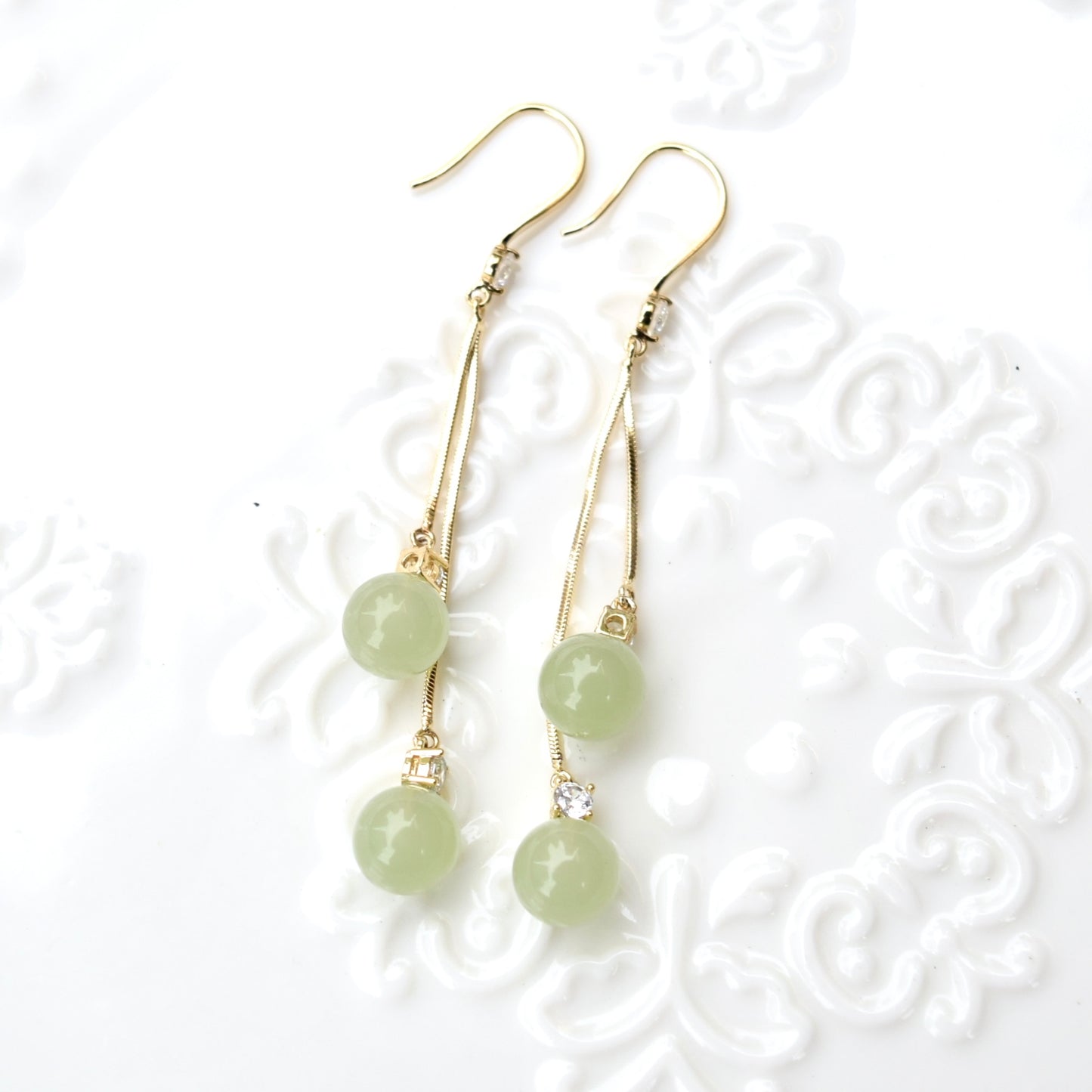 Green Bead Dangle Earrings - Jade Style Earrings