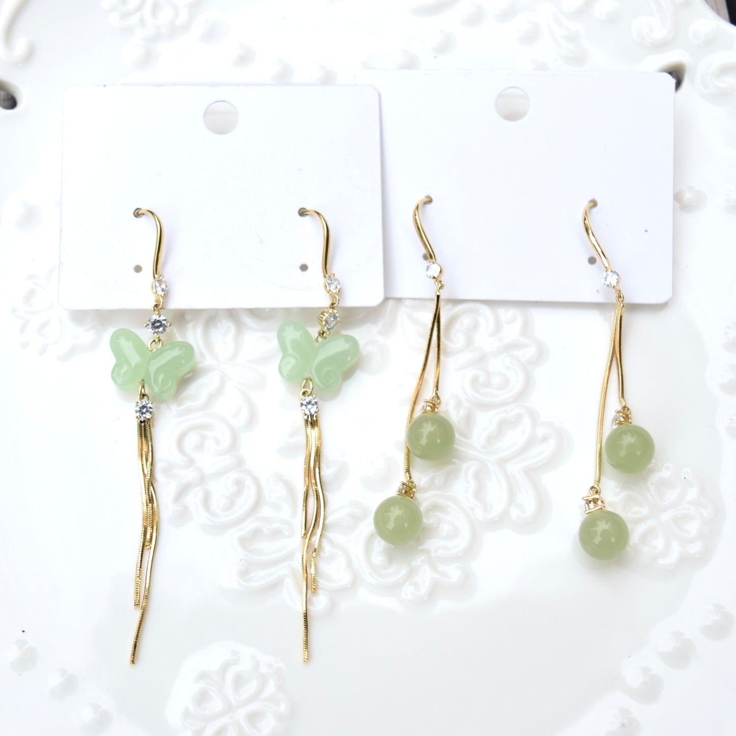 Green Bead Dangle Earrings - Jade Style Earrings