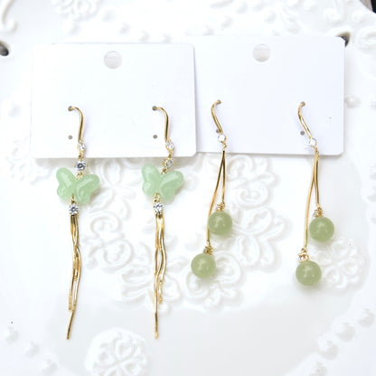 Green Bead Dangle Earrings - Jade Style Earrings