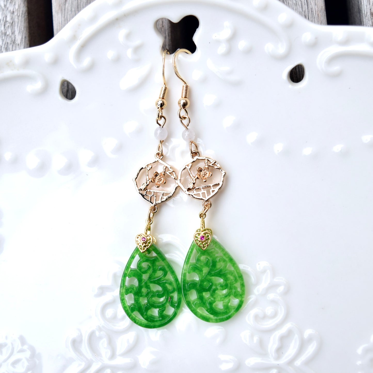 Flora Openwork Teardrop Dangle Earrings - Gold Jade Style Jewelry