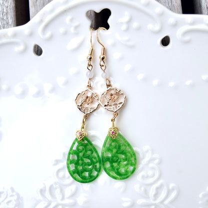 Flora Openwork Teardrop Dangle Earrings - Gold Jade Style Jewelry