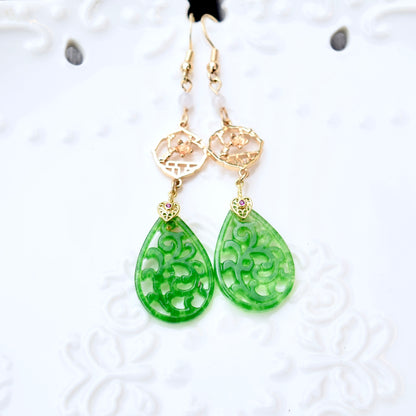 Flora Openwork Teardrop Dangle Earrings - Gold Jade Style Jewelry