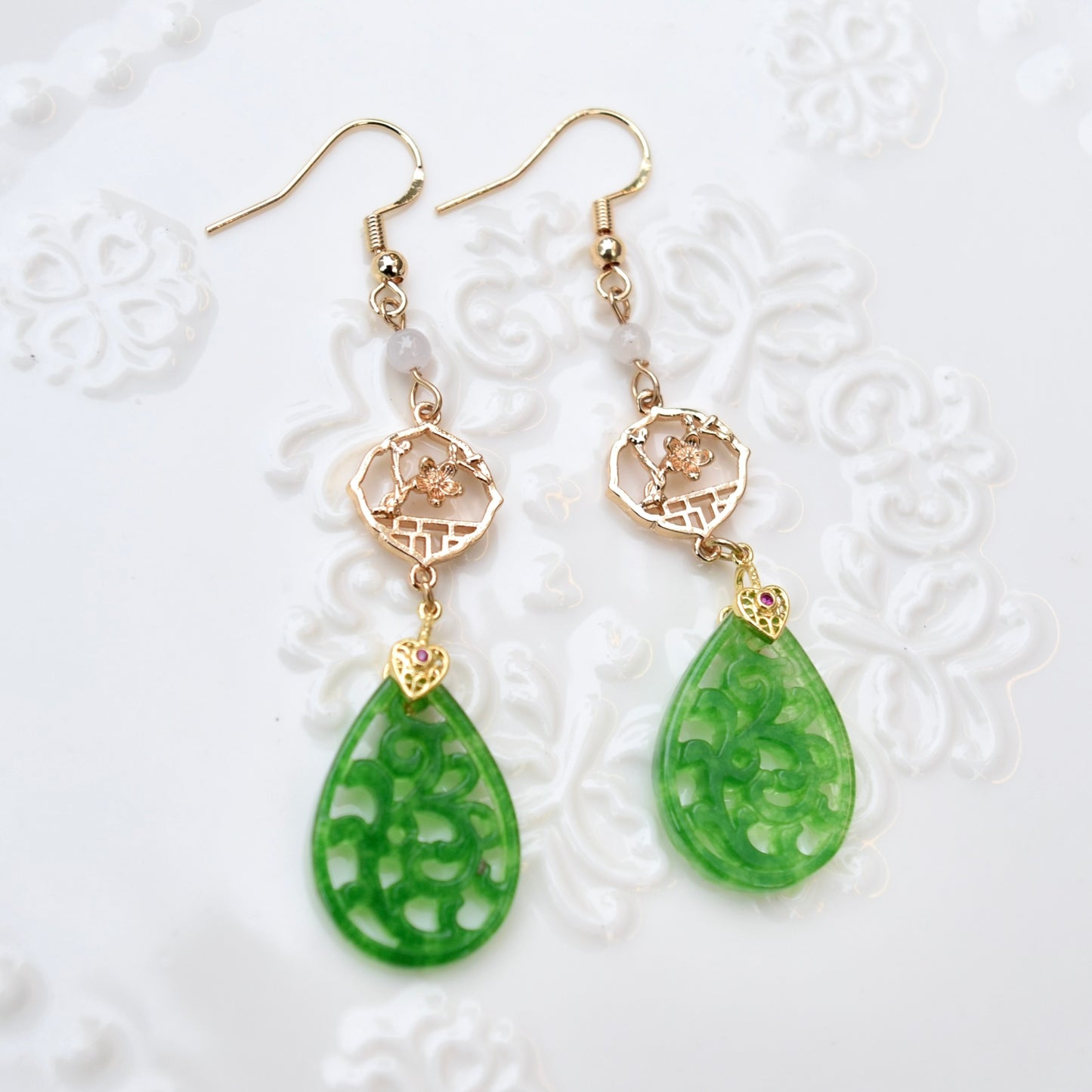 Flora Openwork Teardrop Dangle Earrings - Gold Jade Style Jewelry