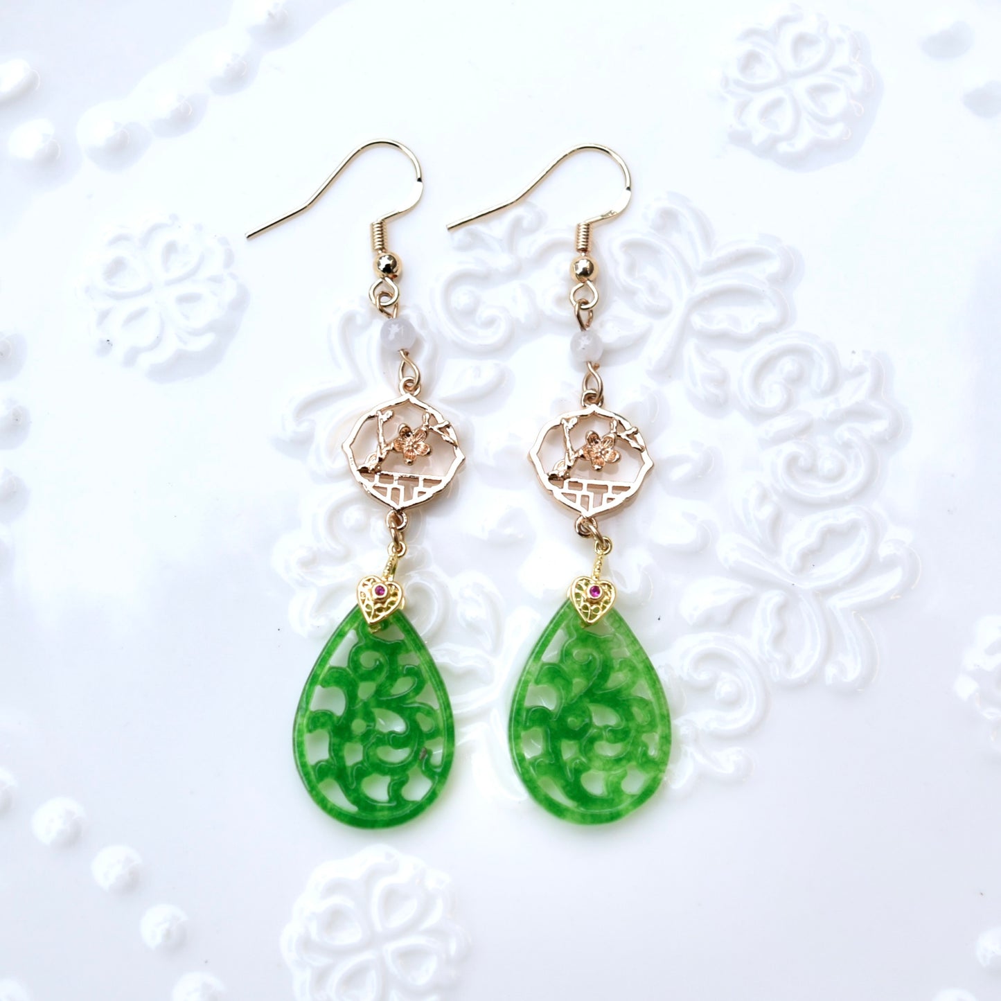 Flora Openwork Teardrop Dangle Earrings - Gold Jade Style Jewelry