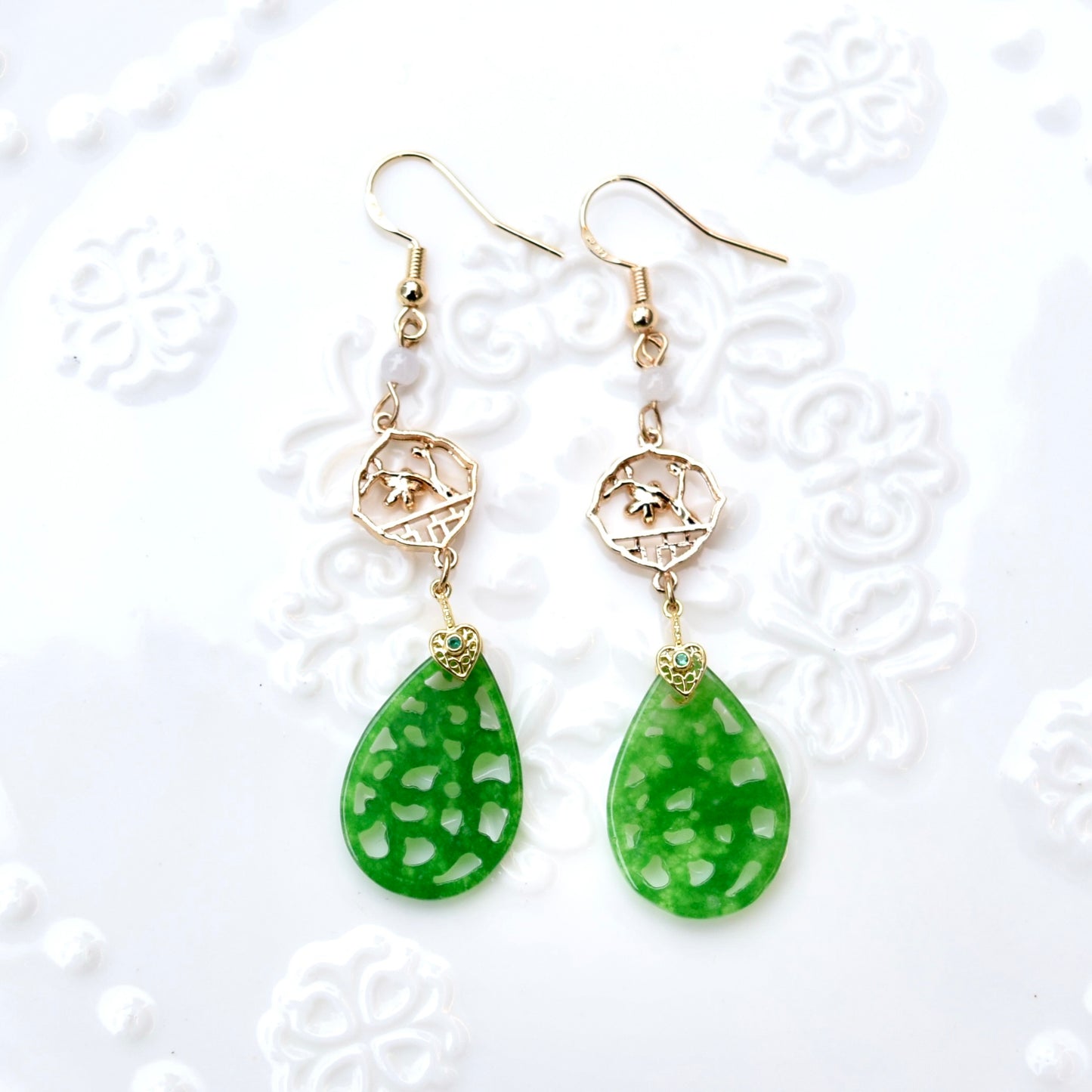Flora Openwork Teardrop Dangle Earrings - Gold Jade Style Jewelry