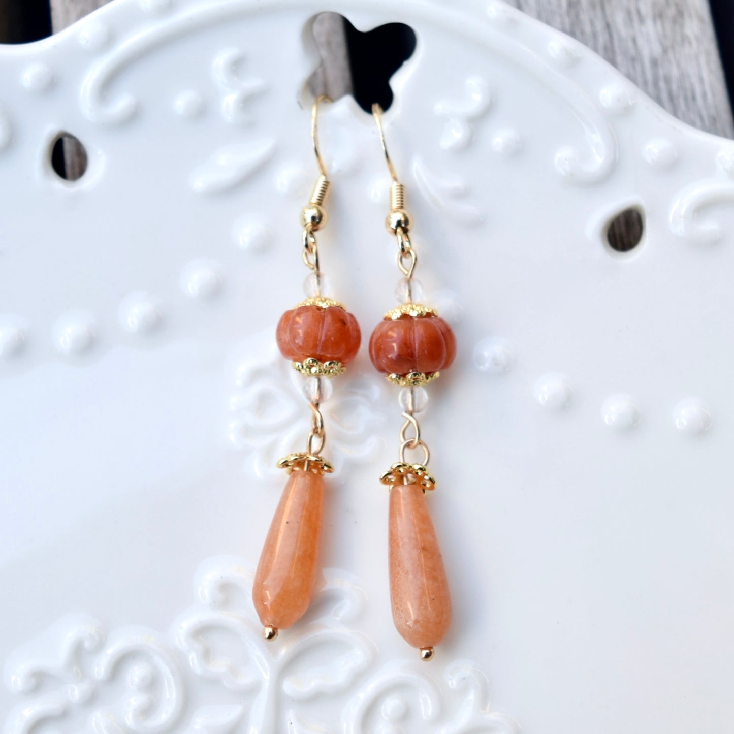 Orange Jade Pumpkin Teardrop Dangle Earrings
