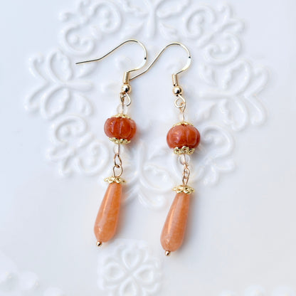 Orange Jade Pumpkin Teardrop Dangle Earrings