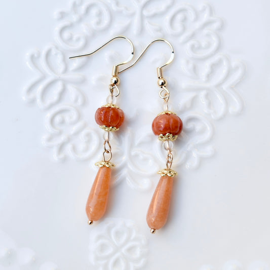 Orange Jade Pumpkin Teardrop Dangle Earrings