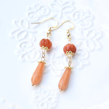 Orange Jade Pumpkin Teardrop Dangle Earrings