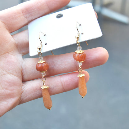 Orange Jade Pumpkin Teardrop Dangle Earrings
