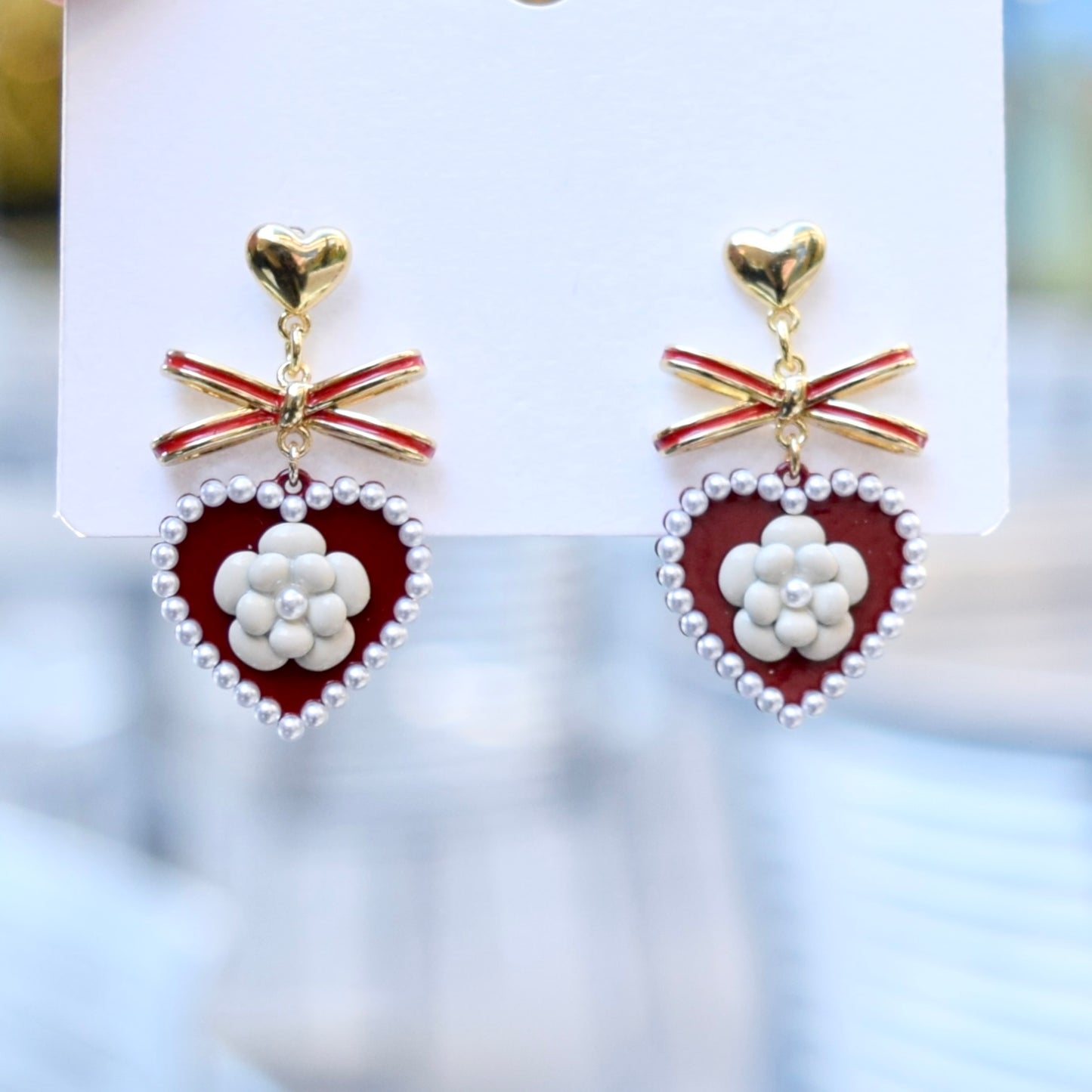 Red Heart White Camellia Earrings