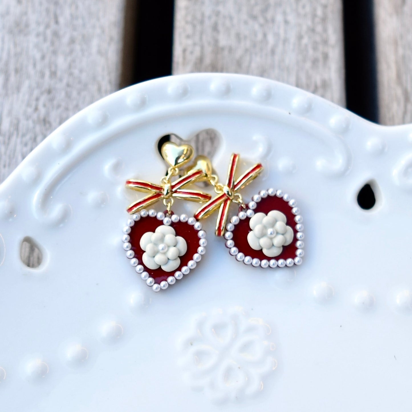 Red Heart White Camellia Earrings